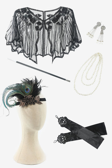 Noir Six Pièces Collier Gants 1920s Accessoires de fête